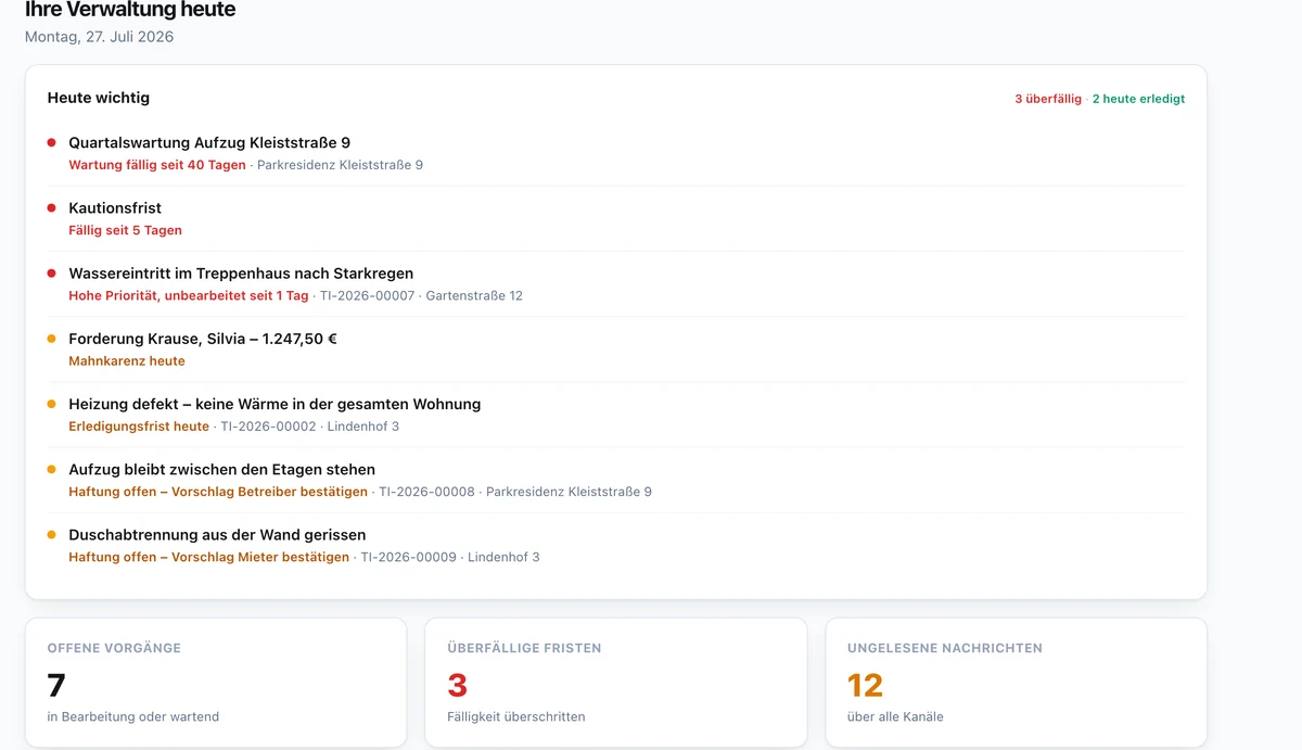 Dashboard von AutoDesk: überfällige Wartungen, Fristen, offene Vorgänge und Forderungen auf einen Blick
